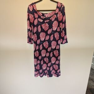 Lilly Pulitzer Navy 3/4-Sleeve Dress with Shell Print XL Easy Wear Comfy
